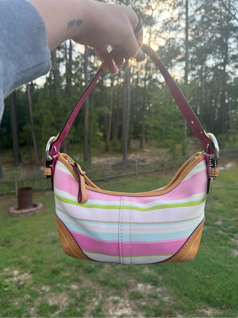 Striped Pink Shoulder Bag with Tan Trim